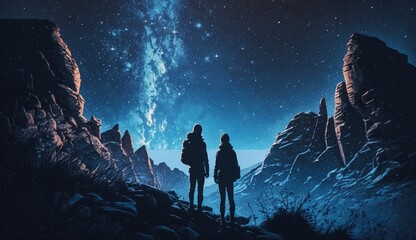 Illustration of Two Hikers Watching the Starry Sky. Generative AI.