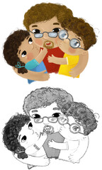 cartoon scene with happy family father with kids illustration for children