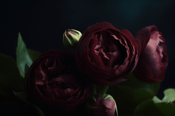Burgundy color roses dark moody romantic background. Close-up flowers card backdrop. Ai generated