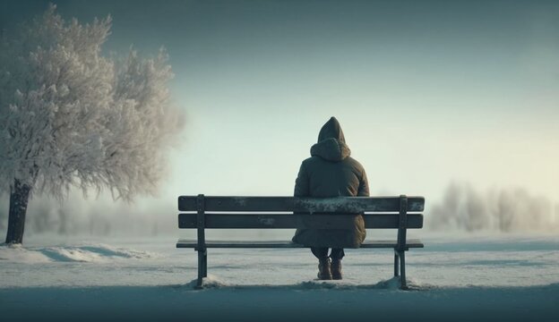 Lonely Person Sitting Alone, on a Bench on a Cold Winter Day, Loneliness Concept. Generative AI.