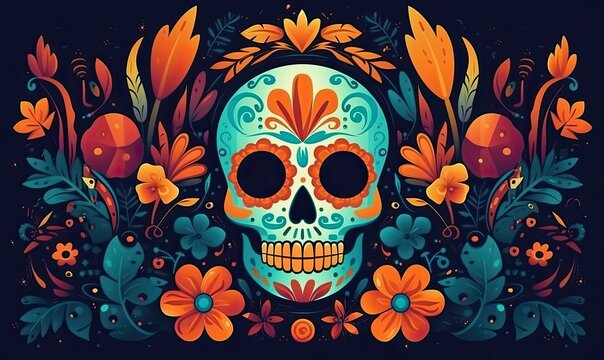 Illustration of the Mexican festival Day of the Dead, Template vibrant wallpaper, generative AI - Powered by Adobe