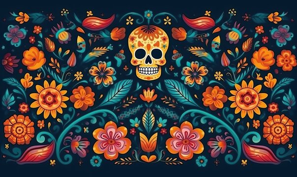 Illustration of the Mexican festival Day of the Dead, Template vibrant wallpaper, generative AI - Powered by Adobe