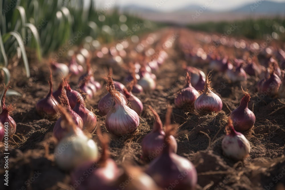 Poster a group of onions that have been growing in the soil. generative ai