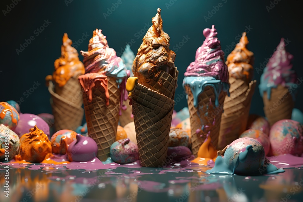 Poster a number of ice cream cones arranged in a group and placed on top of a table generative ai