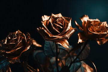 Golden roses dark moody romantic background. Close-up floral banner. Ai generated