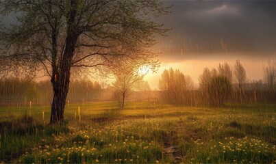 Fototapeta na wymiar A spring rain during sunset, generative AI
