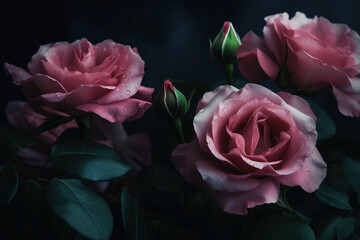 Pastel pink roses close-up dark romantic background. Ai generated