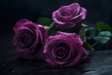 Purple roses close-up dark romantic background. Flowers wallpaper. Ai generated