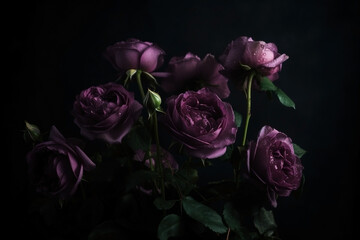 Purple roses close-up dark romantic background. Flowers wallpaper. Ai generated