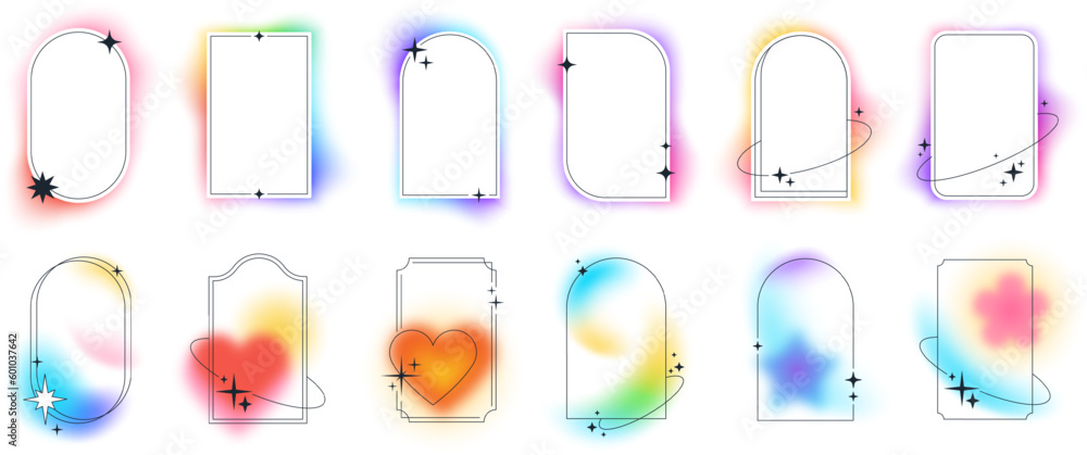 Leinwandbilder Trendy minimalist aesthetic linear arc frames with blur gradient elements and sparkles. Geometric forms Illuminated with abstract soft pastel gradients, white glowing arch frame with stars vector set
