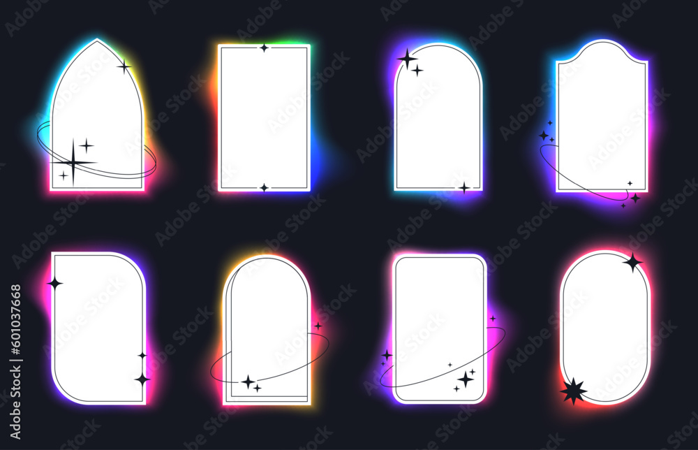 Aufkleber Modern minimalist white arc frames with holographic neon glow. Simple linear frame with stars and vivid gradients, illuminated arch forms with glowing rainbow effect on black background vector set