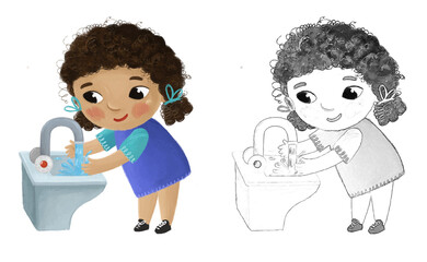 cartoon school girl washing on white background - illustration for children