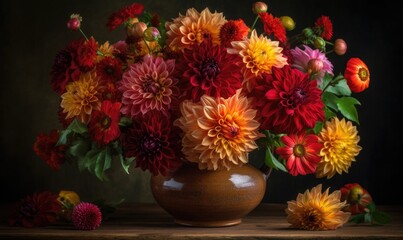 Fototapeta na wymiar Autumn still life with garden flowers, Beautiful autumnal bouquet in vase, generative AI