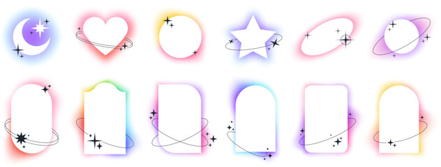 White geometric frames illuminated with abstract soft pastel gradients. Cute heart and moon shapes with blur gradient elements, minimalist aesthetic glowing arc frame template with sparkles vector set