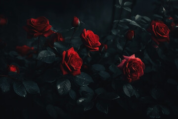 Red roses close-up dark romantic background. Ai generated