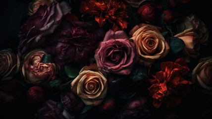 Red and pink roses dark moody romantic background. Close-up flowers card backdrop. Ai generated