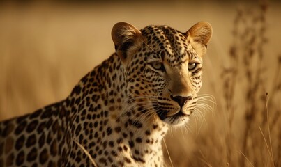 Beautiful leopard Looking For A Prey In The African Savanna, generative AI - obrazy, fototapety, plakaty