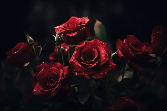 Red roses close-up dark romantic background. Ai generated