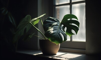 Fototapeta na wymiar Interior details, a monstera flower in gray pot on the windowsill, generative AI