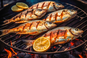 Process of cooking fish Dorado on grill with lemon, grilled fish BBQ. Good food. Generative AI