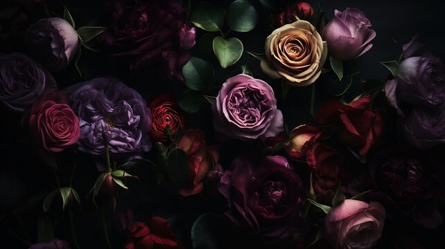 Red and pink roses close-up dark romantic background. Ai generated