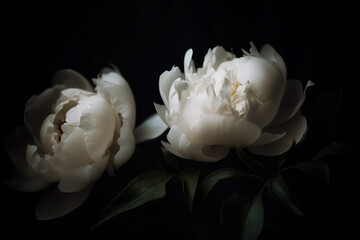 White peony dark moody romantic background. Close-up floral banner. Ai generated