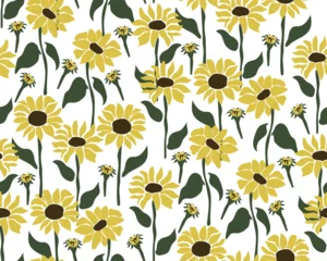 Gordijnen Seamless pattern of cute retro sunflowers on white background. Vector illustration for fashion prints. © sueziarts
