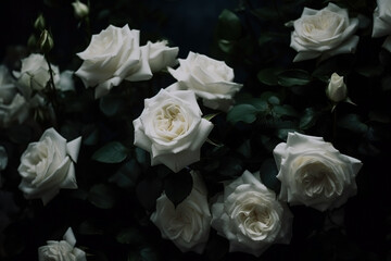 Obraz na płótnie Canvas White roses close-up dark romantic background. Ai generated