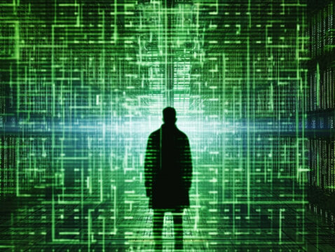 hacker silhoutte and green matrix code. generated by AI