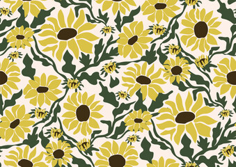 Seamless pattern with vintage retro sunflowers on white background. Vector 70s style illustration for print.