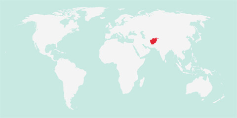 Vector map of the world with the country of Afghanistan highlighted highlighted in red on white background.