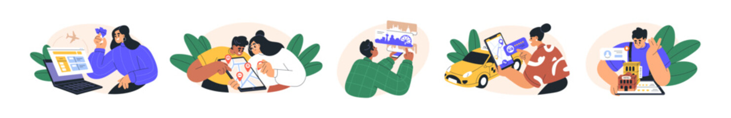 Travel and tourism technologies concept. Tourists use online services and apps. Booking tickets, finding route in internet for holiday trip. Flat vector illustrations isolated on white background © Good Studio