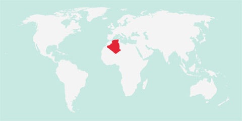 Vector map of the world with the country of Algeria highlighted highlighted in red on white background.