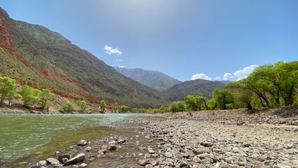 A beautiful green valley with a mountain river. Green hills, blue sky and white clouds.