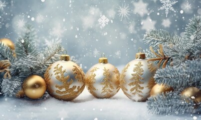 Fototapeta na wymiar Christmas balls, gold stars, snowy fir branches in snow background, Christmas and New Year decor, Winter holiday greeting card, generative AI