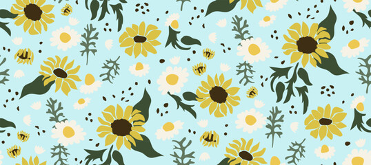 Seamless vintage pattern with sunflower and daisy flowers on blue background .Vector illustration of cute floral print.