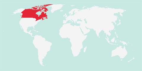 Vector map of the world with the country of Canada highlighted highlighted in red on white background.