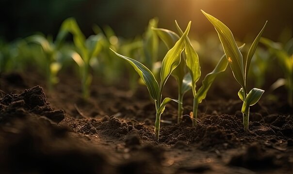 Close up seeding maize plant, Green young corn maize plants growing from the soil, generative AI