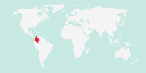 Vector map of the world with the country of Colombia highlighted highlighted in red on white background.
