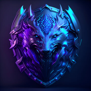 Blue wolf head steel shield created with Generative AI technology