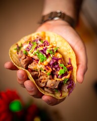 Hand holding a fresh mexican taco filled with meat and fresh vegetables on the go