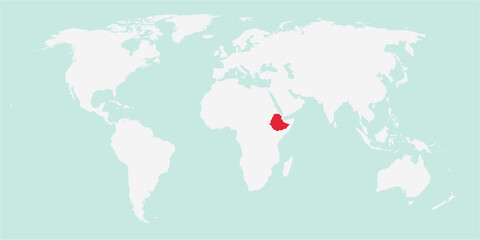 Vector map of the world with the country of Ethiopia highlighted highlighted in red on white background.