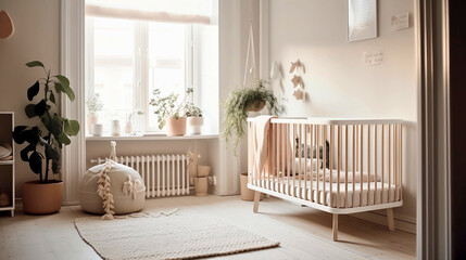 In the morning, natural light floods this eye-level Scandinavian nursery with a soft, minimal, pastel crib, calming and serene, Created with generative Ai Technology.