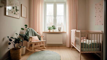 In the morning, natural light floods this eye-level Scandinavian nursery with a soft, minimal, pastel crib, calming and serene, Created with generative Ai Technology.