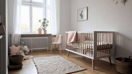 In the morning, natural light floods this eye-level Scandinavian nursery with a soft, minimal, pastel crib, calming and serene, Created with generative Ai Technology.