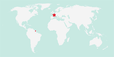 Vector map of the world with the country of France highlighted highlighted in red on white background.