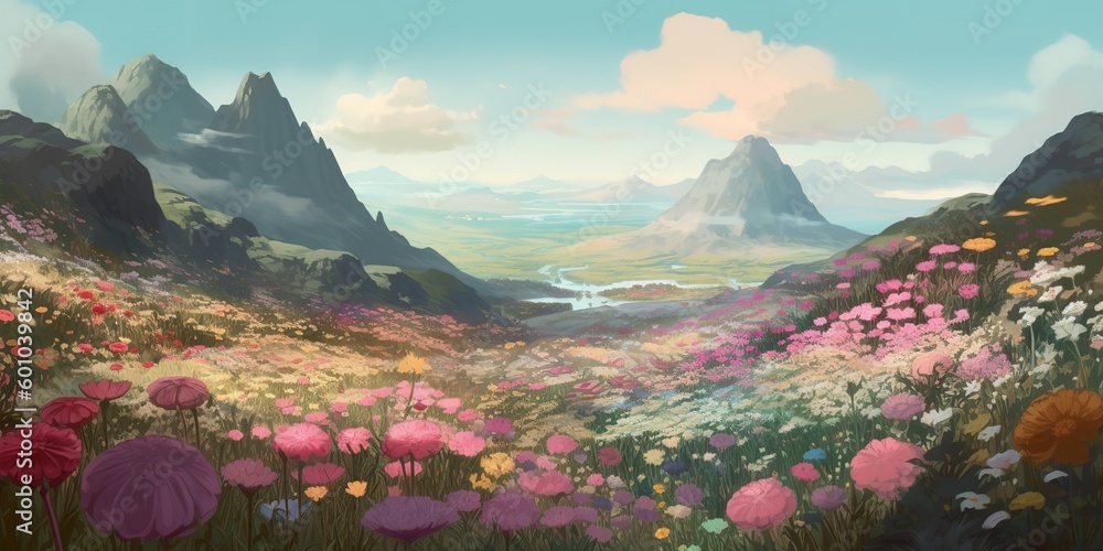 Poster a picture of a mountain range in the distance behind a scene of flowers in a field. generative ai