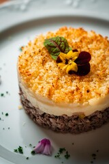 Gourmet pate chinois meat cake with cheese and edible flower topping