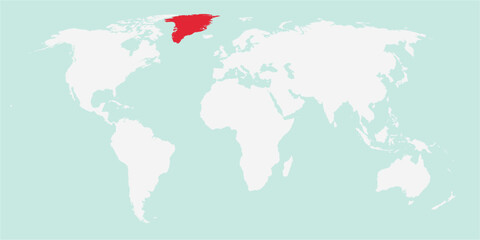 Vector map of the world with the country of Greenland highlighted highlighted in red on white background.