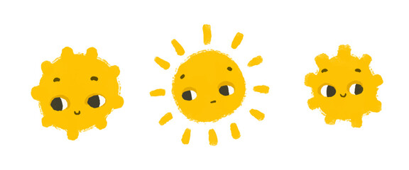 simple sunny illustration with face. Cute sun design sticker. Baby art, isolated clipart